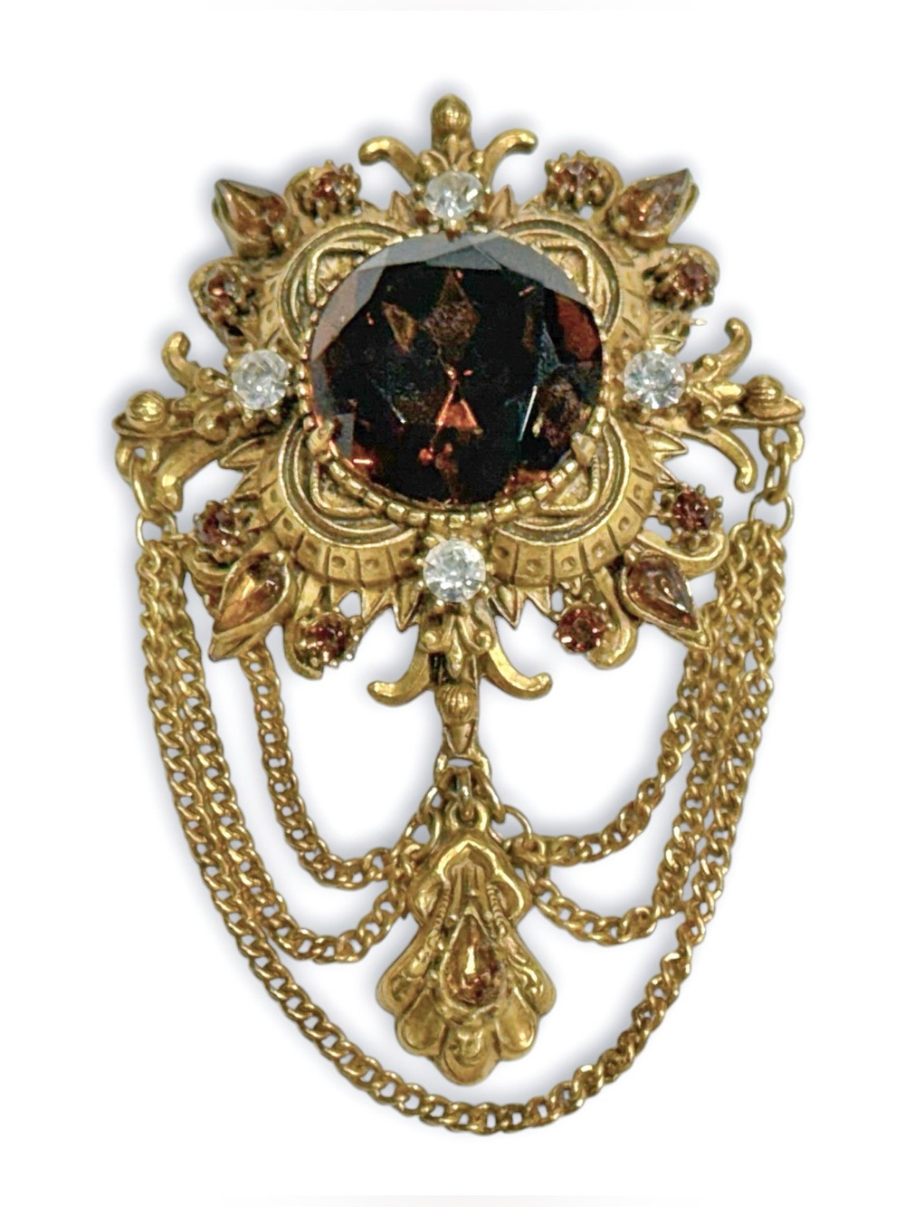 Vintage Florenza Gold-Tone Brown Crystal Brooch with Chain Drapes - Picture 3 of 16